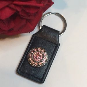 Black Leather & Pink Rhinestone Snap Key Chain
